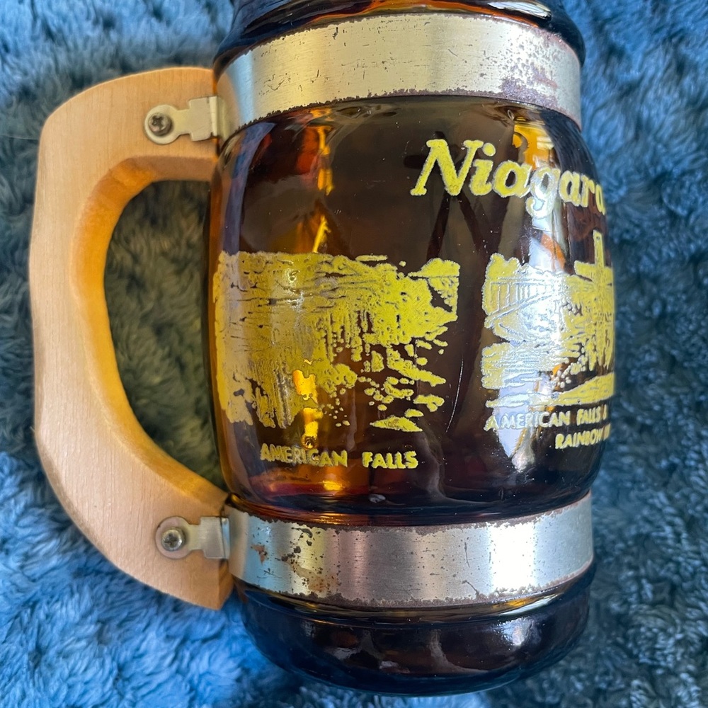 Vintage Niagara Falls Brown Glass Mug with Wooden Handle